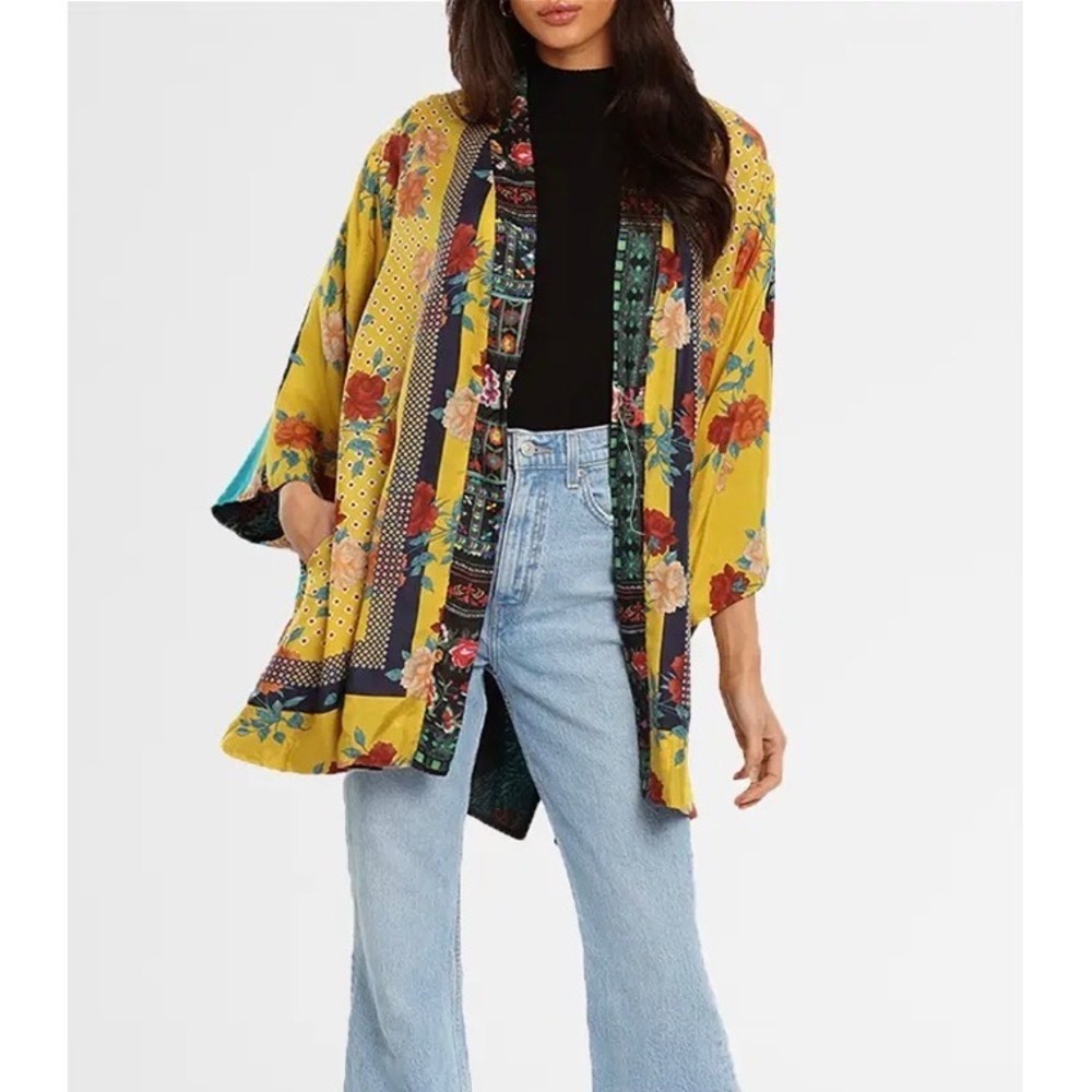 Johnny Was Bridget Reversible Silk Kimono Floral Boho Yellow Black Multicolor M